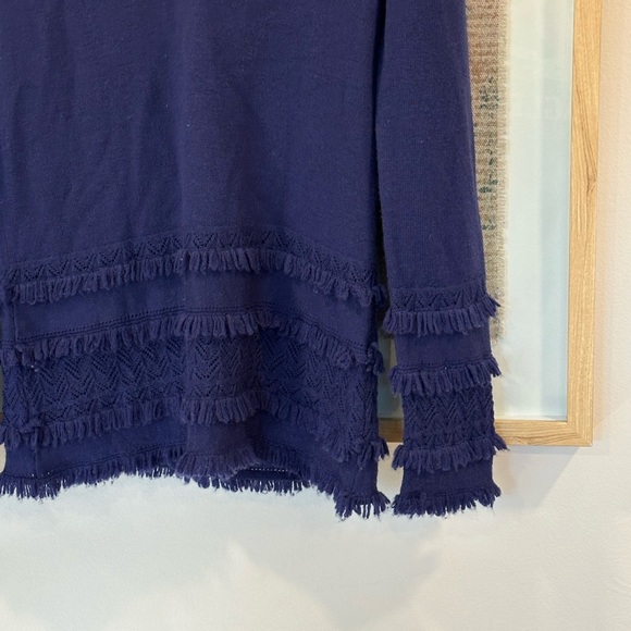 Trina Turk Sass Merino Wool Pointelle Fringe Trim Sweater Blue Small | L005 - Picture 3 of 12